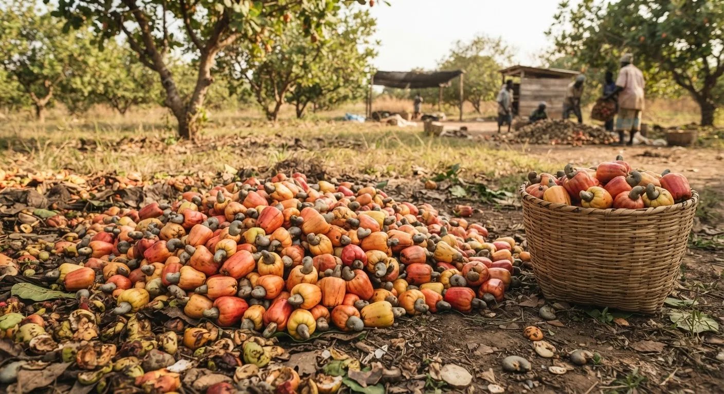 Bright red and yellow cashew apples with the grey nut still attached, heaped fresh at harvest in a Bono-region orchard, most of them left to rot on the ground while the nut is kept, one basket set aside for juice, documentary Ghana photograph