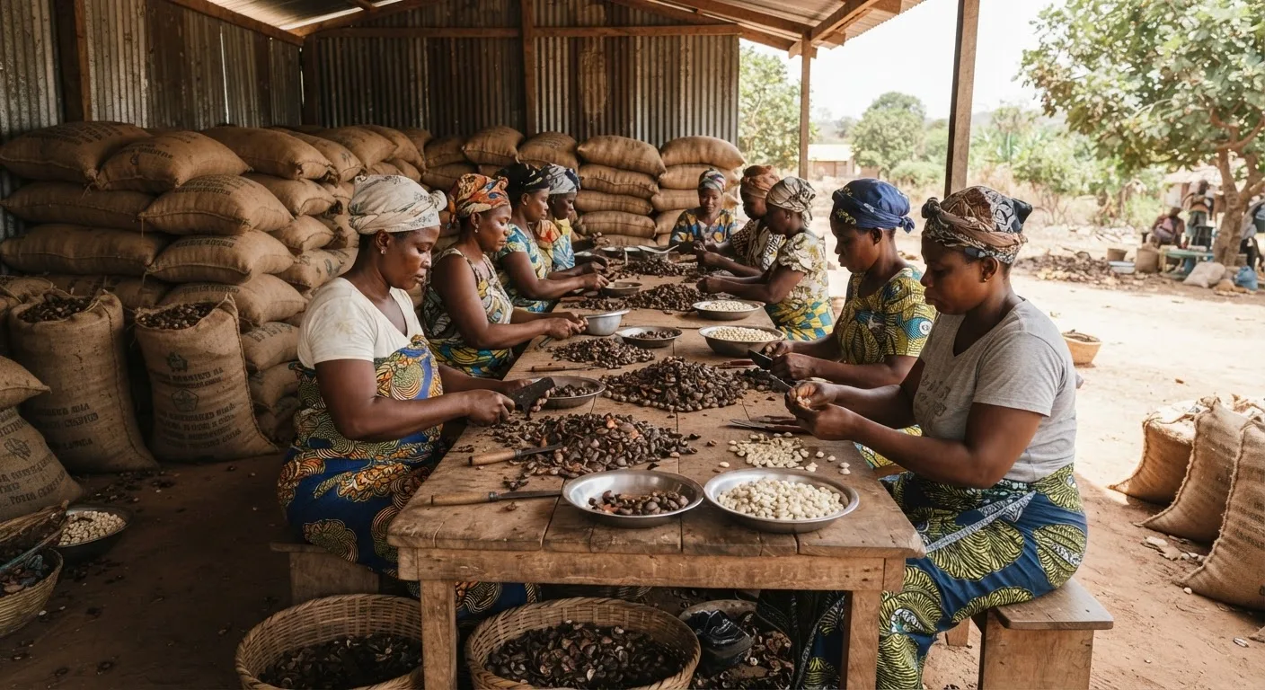 A satellite village cashew-shelling and grading station near the Bono supply, women at long cutting tables hand-shelling nuts and sorting whole white kernels by grade, sacks of raw nuts stacked behind, bright natural light, documentary Ghana photograph