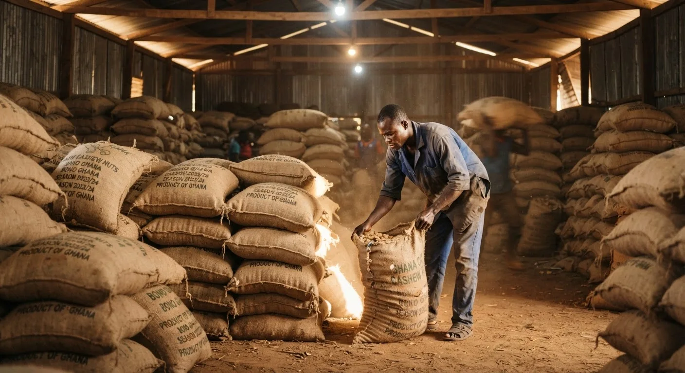 A warehouse of jute-sacked, dried raw cashew nuts held in store to sell into the lean-season price peak