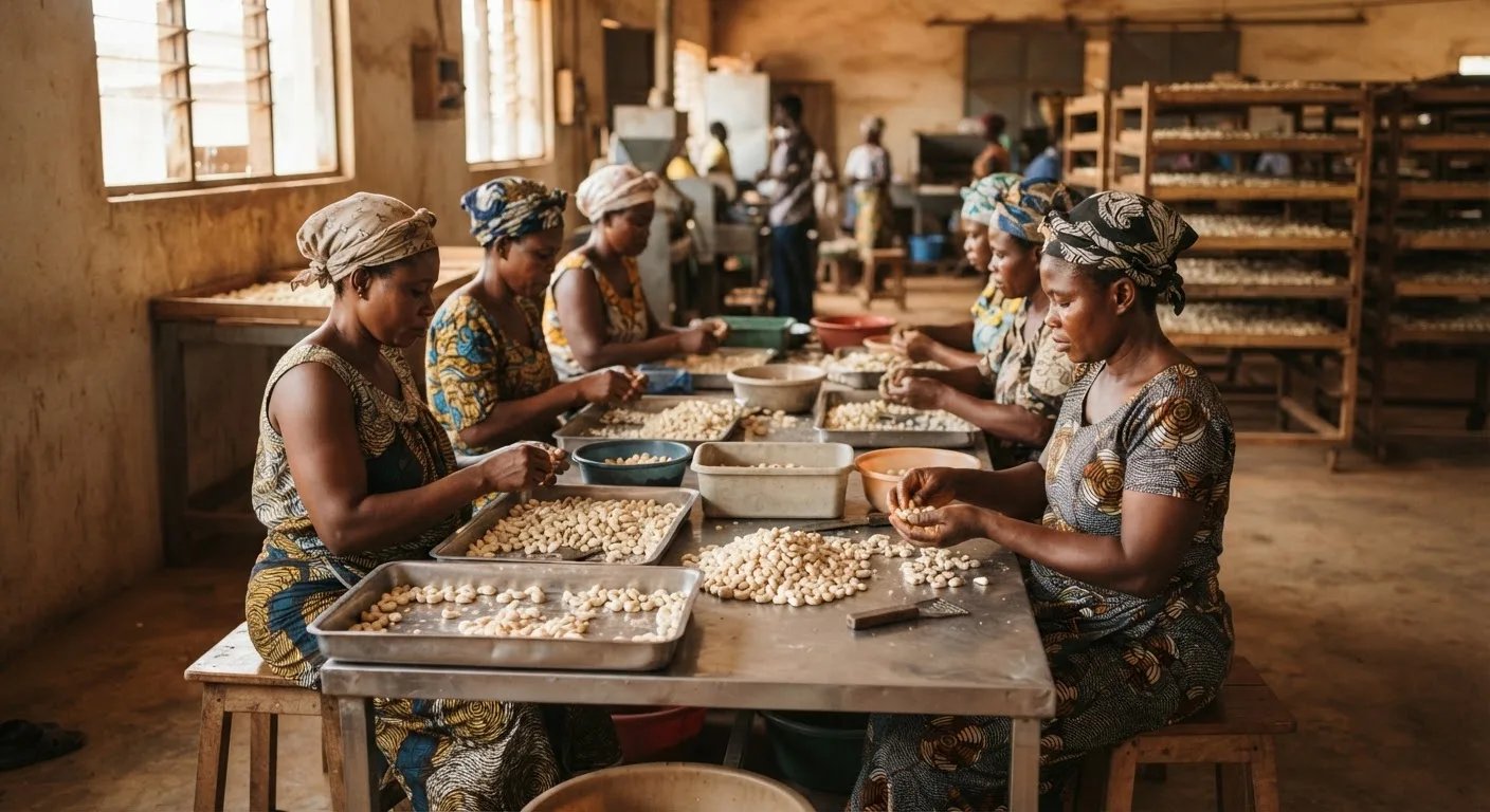 Inside a Ghanaian cashew processing unit, women at a long steel bench shelling and hand-grading white cashew kernels into trays by size and colour, drying racks of pale kernels behind them, dust motes in shafts of daylight from high windows, warm earthy tones, documentary photograph, natural light, no text overlay, no watermark