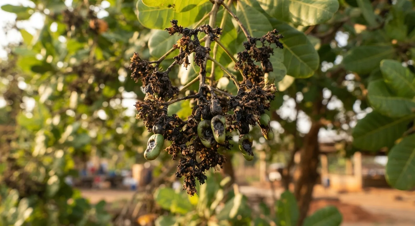 A cashew flower panicle blackened by anthracnose at the height of the flowering season, dark lesions on the young nutlets, an orchard canopy behind in warm afternoon light, documentary photograph