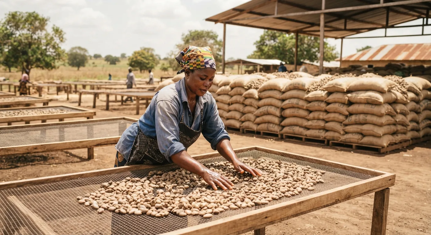 Raw cashew nuts spread to dry on raised mesh drying mats at a Ghanaian aggregation yard, a worker turning them by hand, clean jute sacks stacked behind, bright dry-season light, documentary photograph, warm earthy tones, natural light