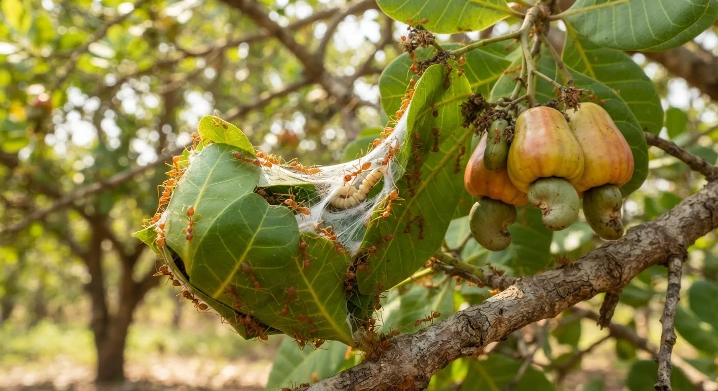 A weaver-ant colony patrolling a cashew branch, ants stitching green leaves into a nest with clusters of young nuts nearby, dappled canopy light, macro documentary photograph, warm earthy tones, natural light
