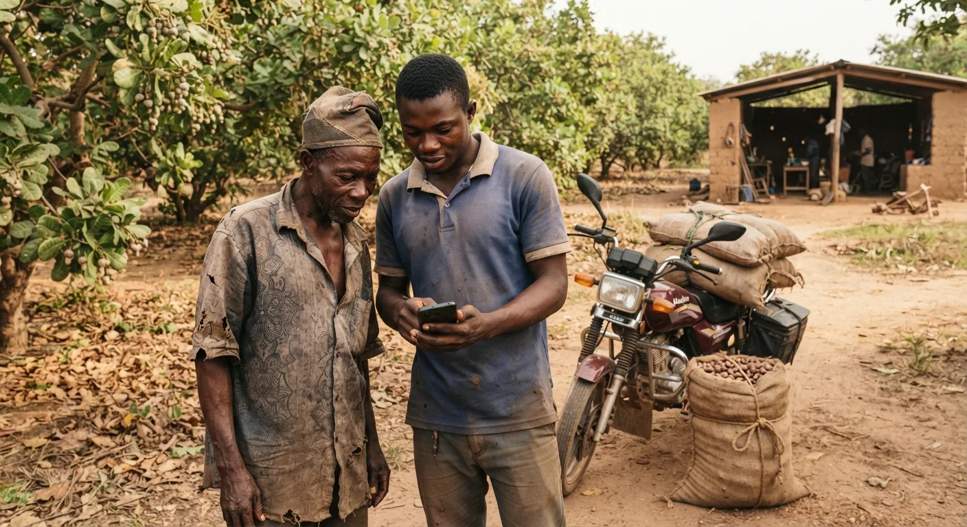 A Ghanaian farmer-service agent showing a smallholder cashew farmer a smartphone with an SMS price alert and a mobile-money payment screen at the edge of a cashew orchard, both leaning over the phone, a motorbike and a bag of raw nuts nearby, the boring feasible-now digital tools that actually pay, documentary photograph, warm earthy tones, natural light, no text, no watermark