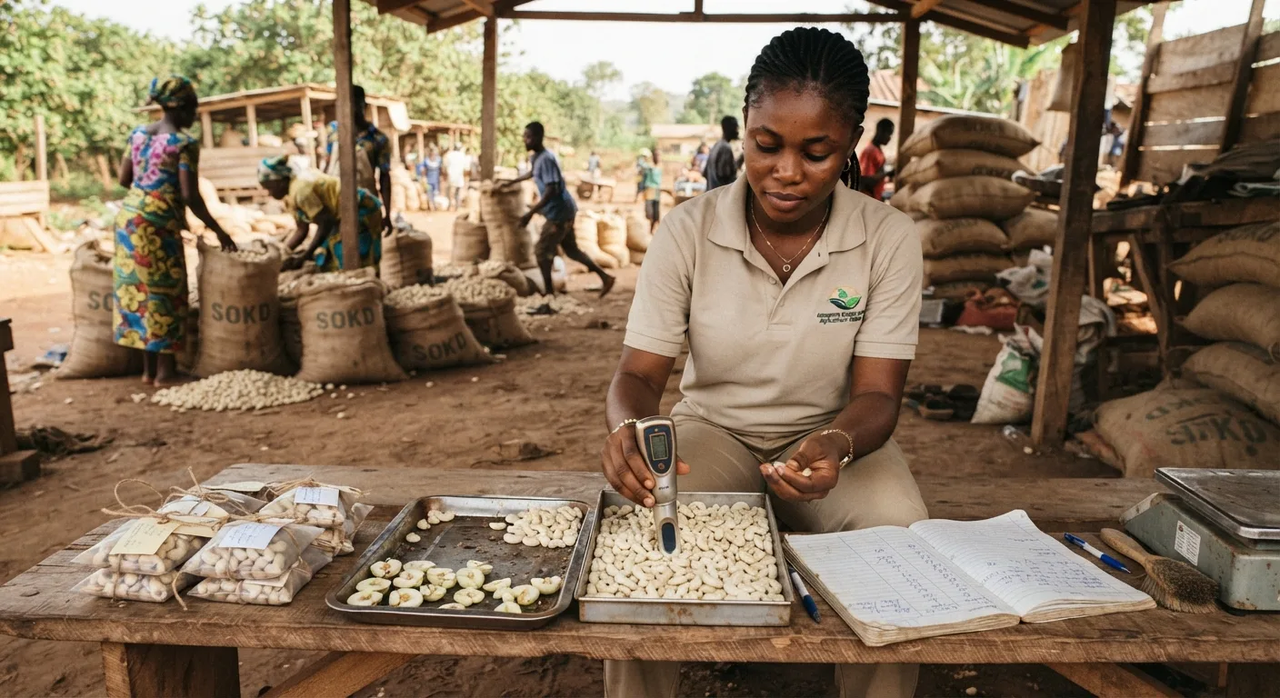 A young Ghanaian agronomy graduate running a kernel-quality grading service at a village aggregation station, using a moisture meter and a cut-test tray of white cashew kernels on a wooden bench, a stack of graded sample bags and a notebook of outturn readings beside her, other traders bagging raw nuts in the background, documentary photograph, warm earthy tones, natural light, no text, no watermark