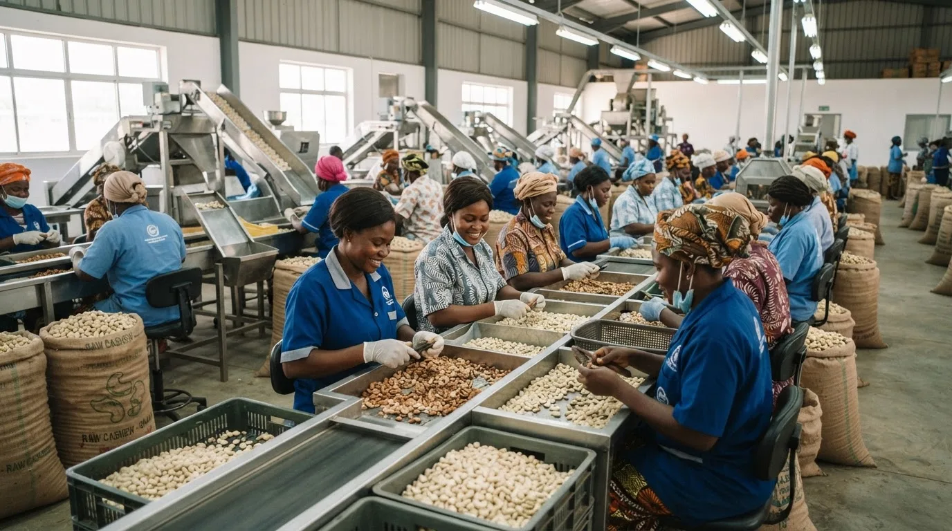 Inside a Ghanaian cashew processing plant, shelling and grading lines running below capacity, workers at cutting tables, stacked jute sacks of raw nuts, documentary photograph