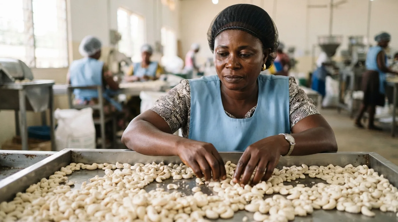 Processed white cashew kernels, whole W-grade, spread in a grading tray at a Ghanaian plant, the form that earns four to five times the raw price, documentary photograph