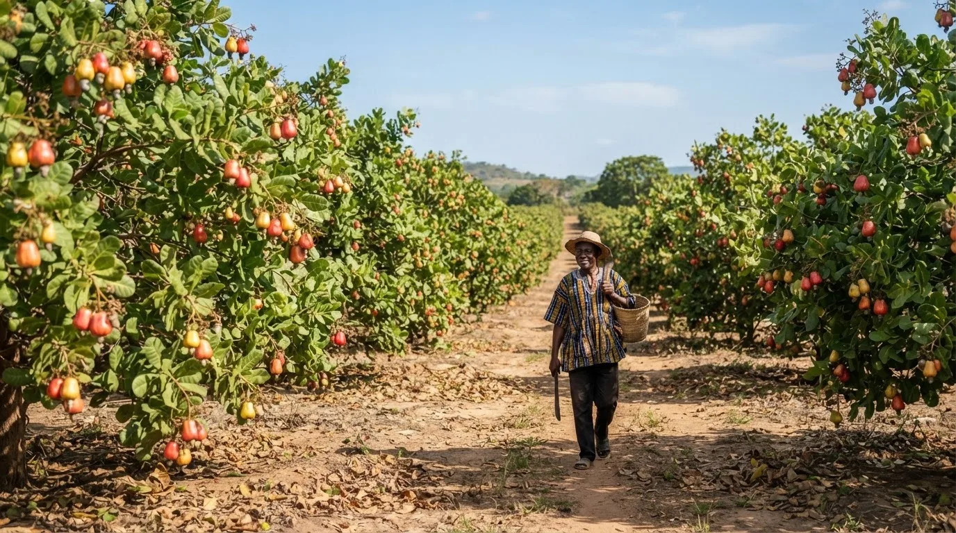 A mature cashew orchard in the Bono transition zone of Ghana, rows of broad low-canopied trees heavy with red and yellow cashew apples and grey nuts, dry-season light through the leaves, a farmer walking a path between the trunks, documentary photography, natural light, warm earthy tones, no text, no watermark