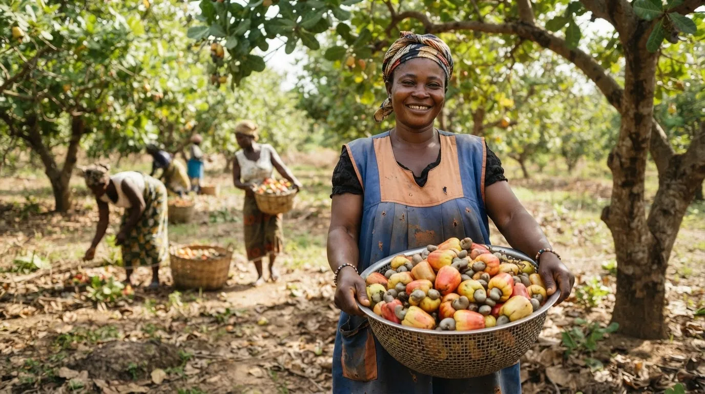 A woman tending young grafted cashew seedlings in black poly bags under a shade net in a Ghanaian nursery, rows of small green trees, a watering can in hand, dappled light through the netting, documentary photography, natural light, warm earthy tones, no text, no watermark
