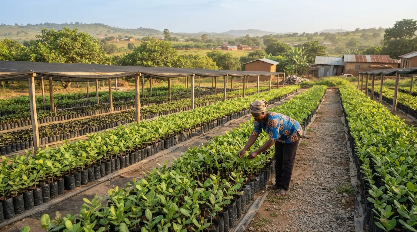 A grafted-seedling cashew nursery in the Bono transition zone, rows of young certified stock under shade netting