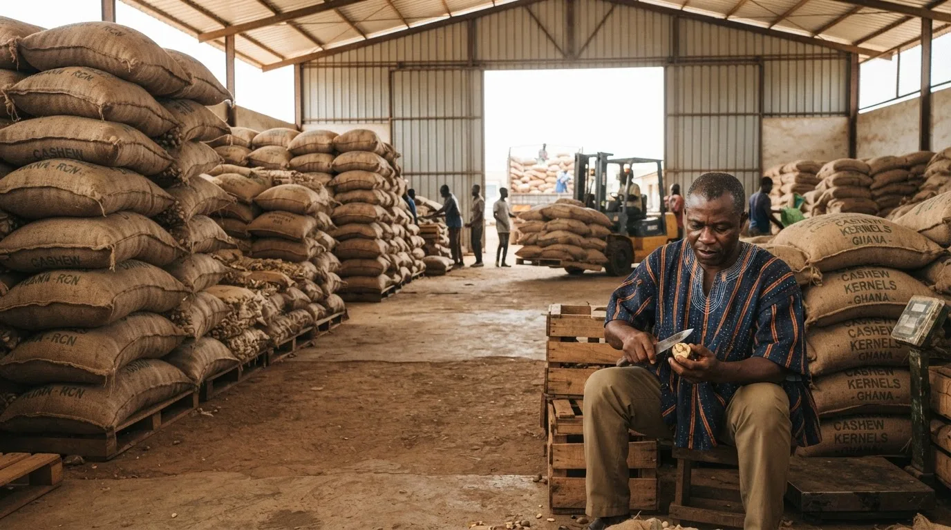 Jute sacks of raw cashew nuts stacked at a Ghanaian aggregation shed, graded and bagged for export