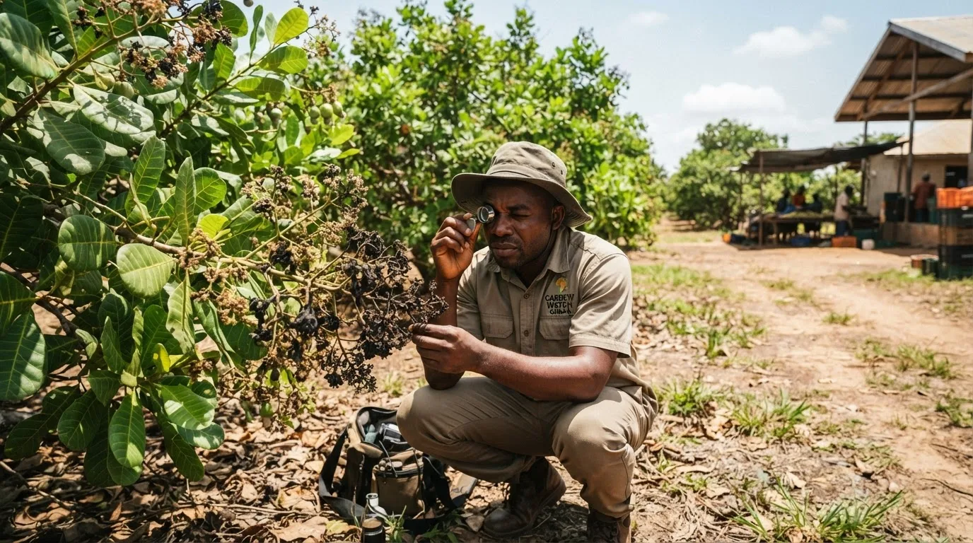 A cashew orchard under inspection, anthracnose-blackened panicles beside healthy flowering shoots