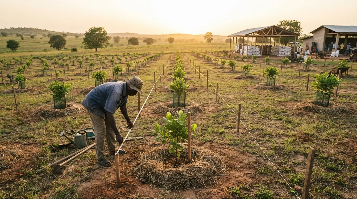 A newly established cashew field pegged out at close spacing, young grafted trees in neat rows across cleared savanna