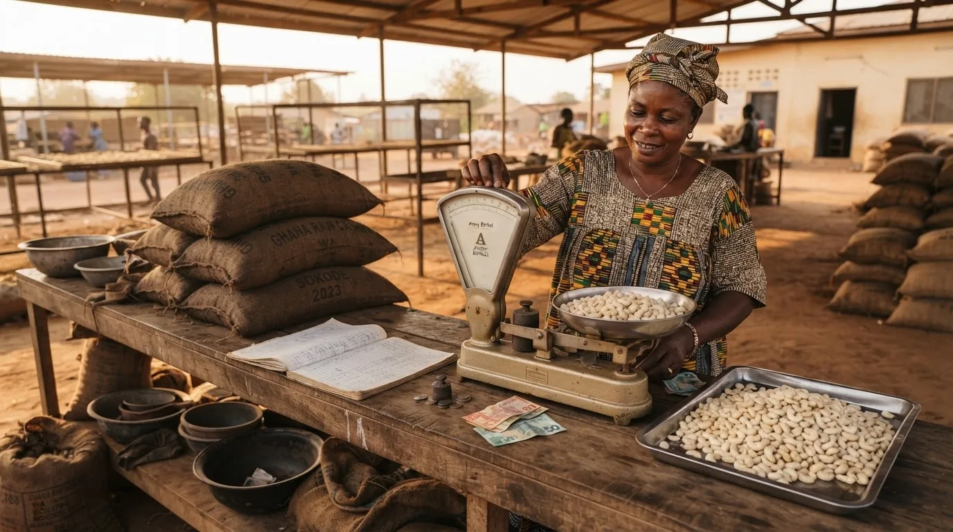 A cashew processor weighing a tray of graded white kernels against the raw-nut sacks they came from