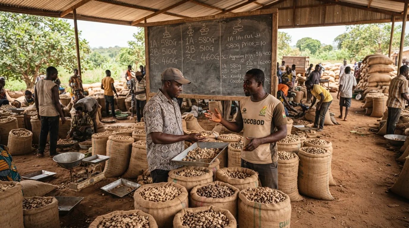 A busy Ghanaian cashew market floor, buyers testing nut quality and negotiating over open sacks