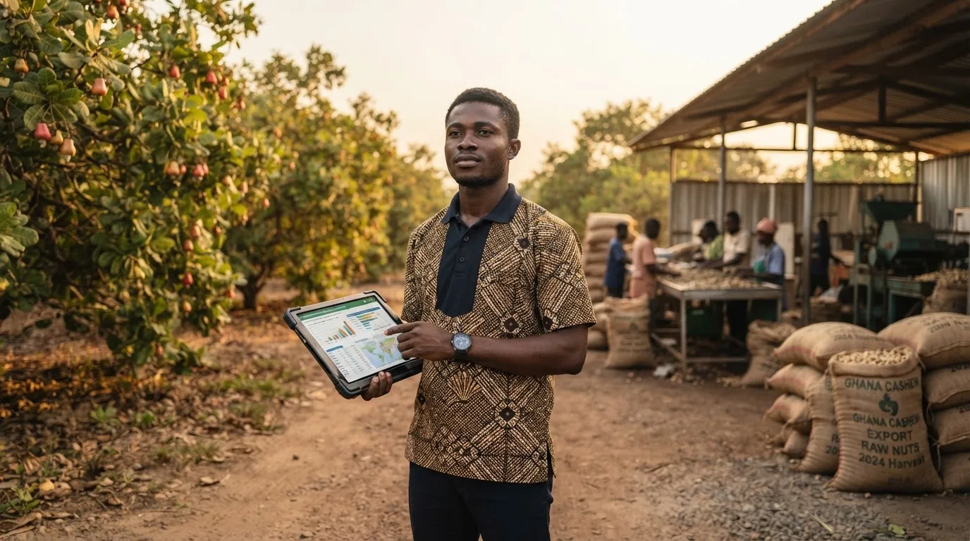 A young Ghanaian cashew entrepreneur reviewing a processing and export plan at the edge of an orchard