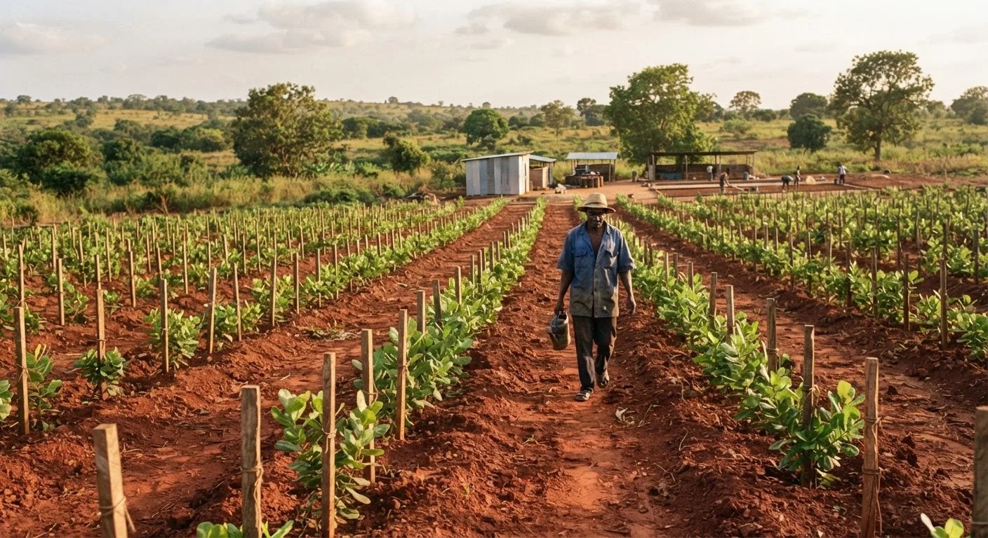 A young high-density cashew orchard in Ghana planted at close 4 by 8 metre spacing, neat straight rows of knee-high grafted clone seedlings each pegged with a stake, red laterite soil freshly cleared, a farmer walking between the rows, transition-zone light, documentary photograph, natural light, no text, no watermark