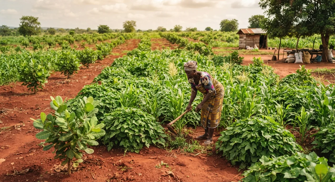 A young cashew orchard in Ghana intercropped with tall green maize and mounded yam between the widely spaced saplings, a woman weeding among the crops, red soil, lush early-wet-season growth, documentary photograph, natural light, no text, no watermark