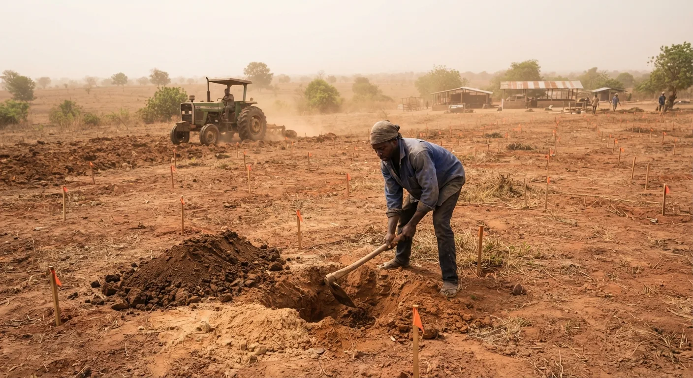 Dry-season land preparation for a cashew orchard in northern Ghana, a labourer digging a fifty-centimetre planting hole with topsoil piled separately, wooden pegs marking a grid across cleared red laterite ground, a tractor ploughing in the background, hazy harmattan light, documentary photograph, natural light, no text, no watermark