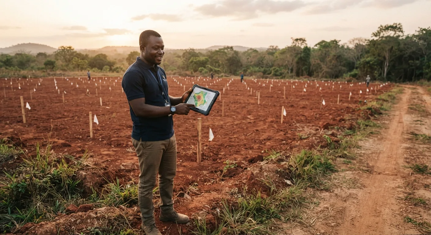 A Ghanaian agronomist standing at the edge of a cleared cashew planting site, holding a tablet displaying a soil and land-suitability map overlay, newly pegged planting lines marked with stakes in red laterite soil behind him, transition-zone light, documentary photograph, natural light, warm earthy tones, no text, no watermark