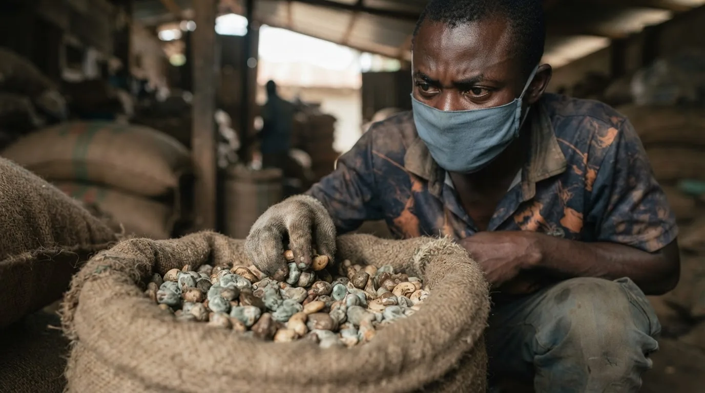 Mould-spotted cashew kernels being sorted from clean ones