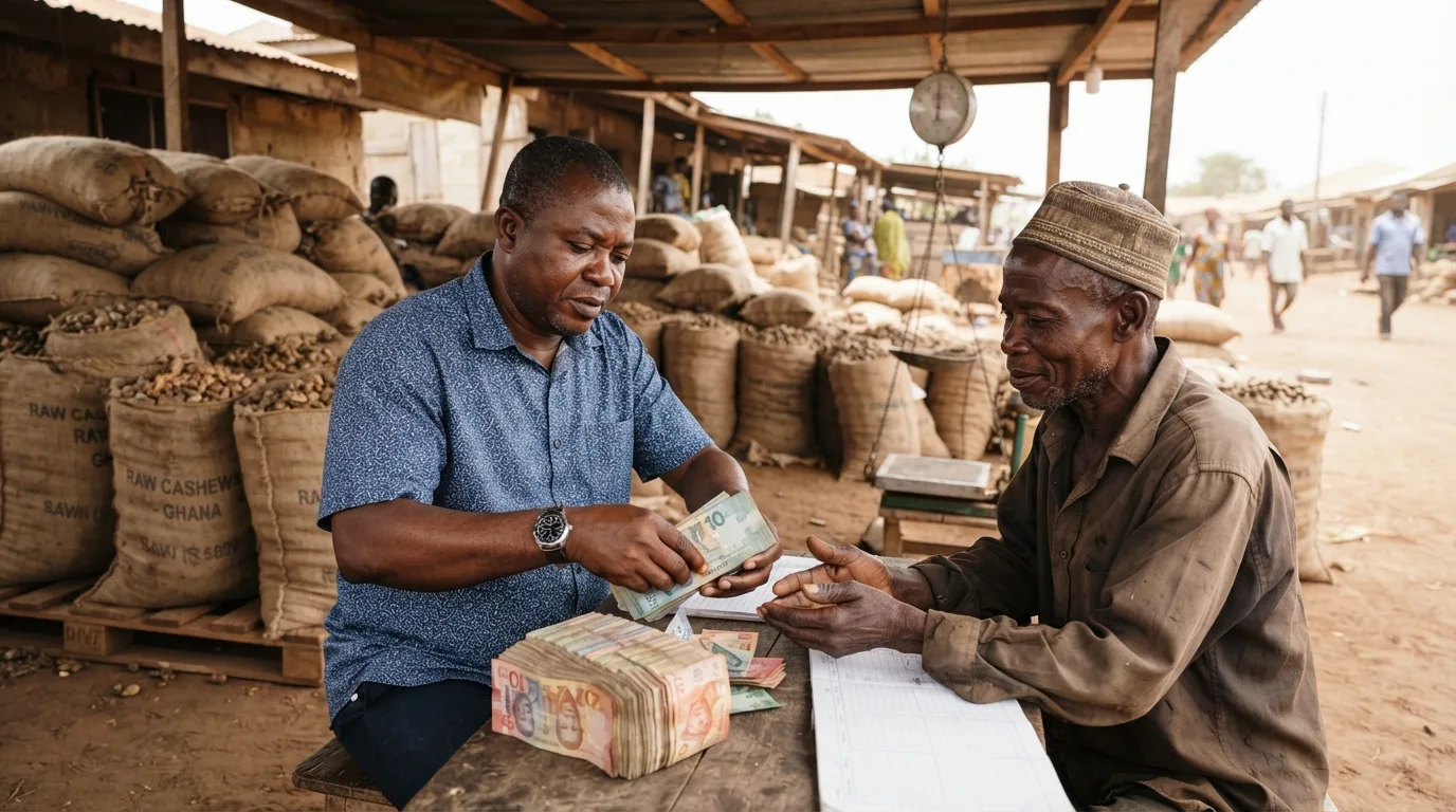Buying agents weighing sacks of raw cashew nuts at a rural farm gate, where the aggregation layer sets the price the farmer must take