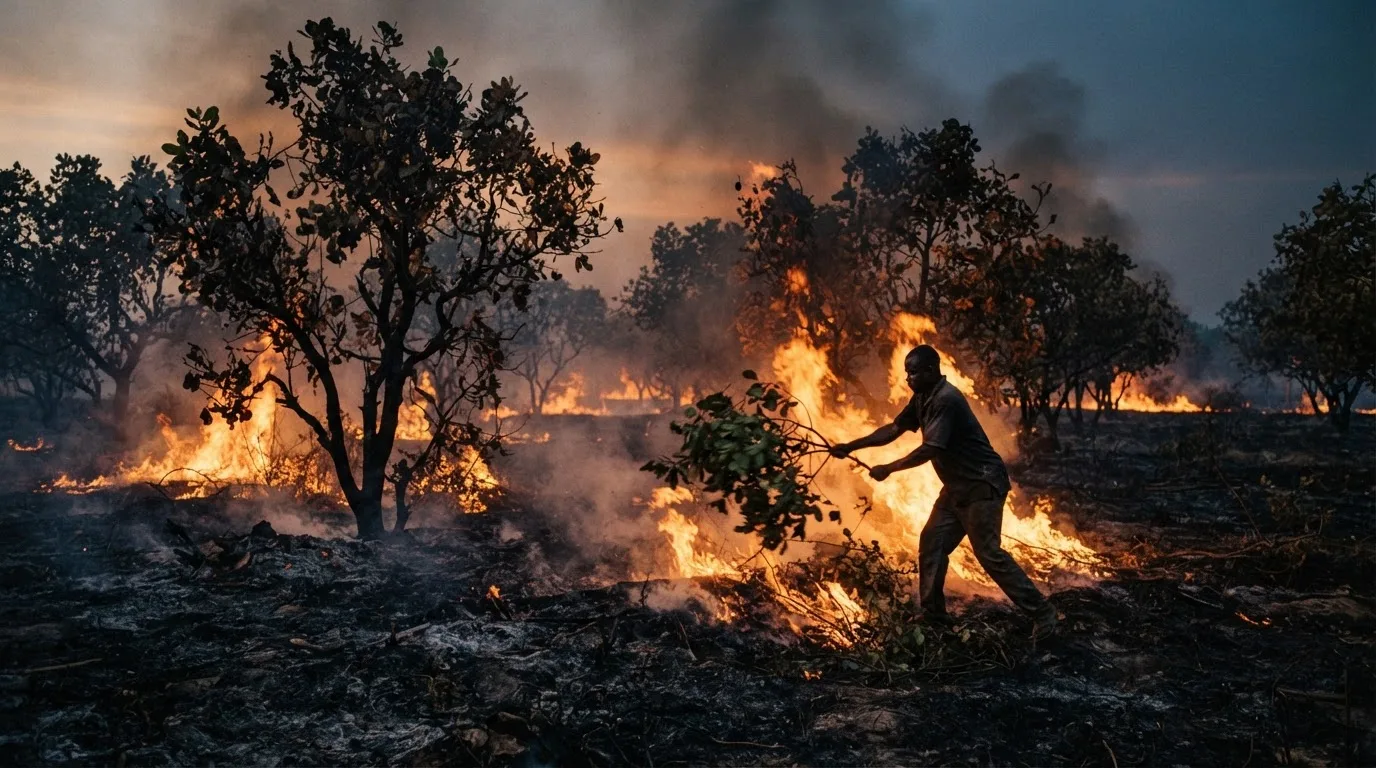 A dry-season bushfire sweeping the edge of a young cashew plantation with cured intercrop residue around the trees