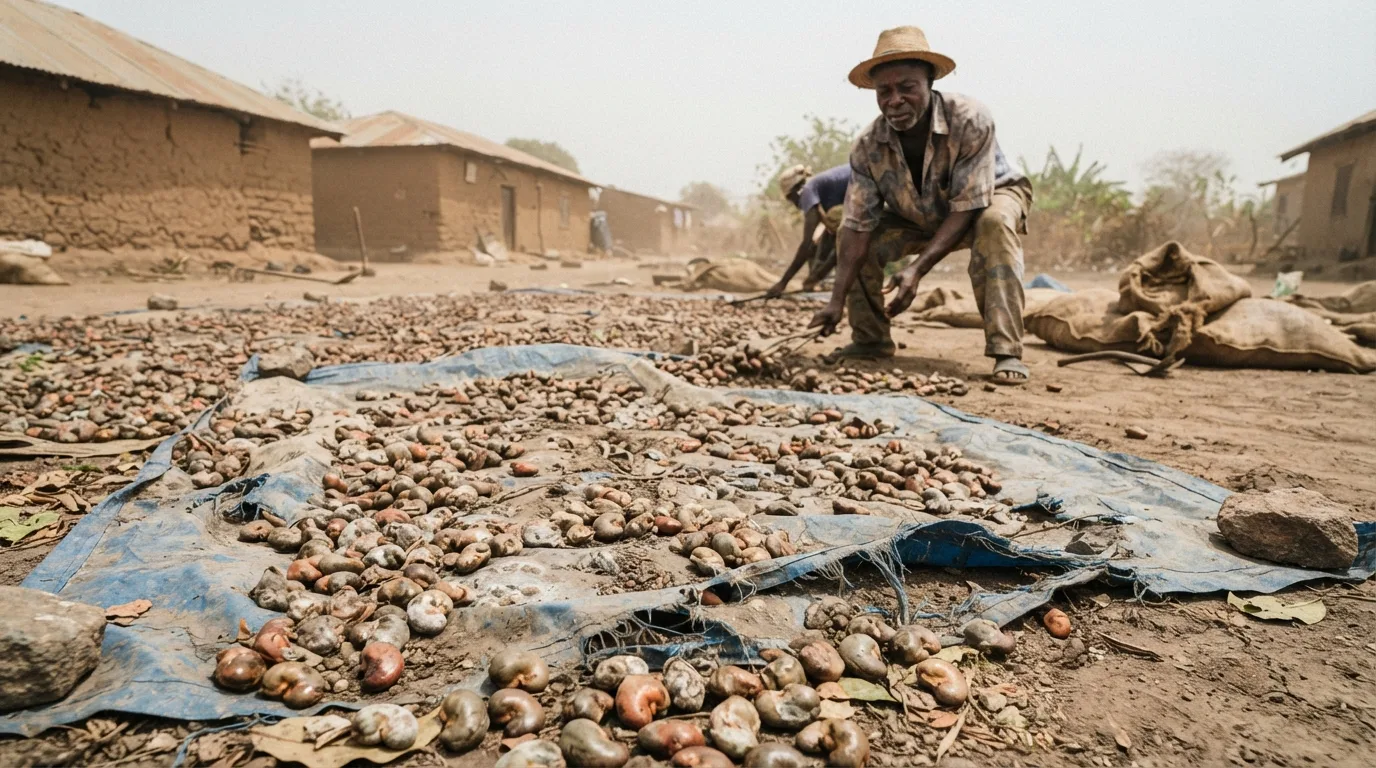 Cashew nuts drying on bare ground beside sacks in an open yard
