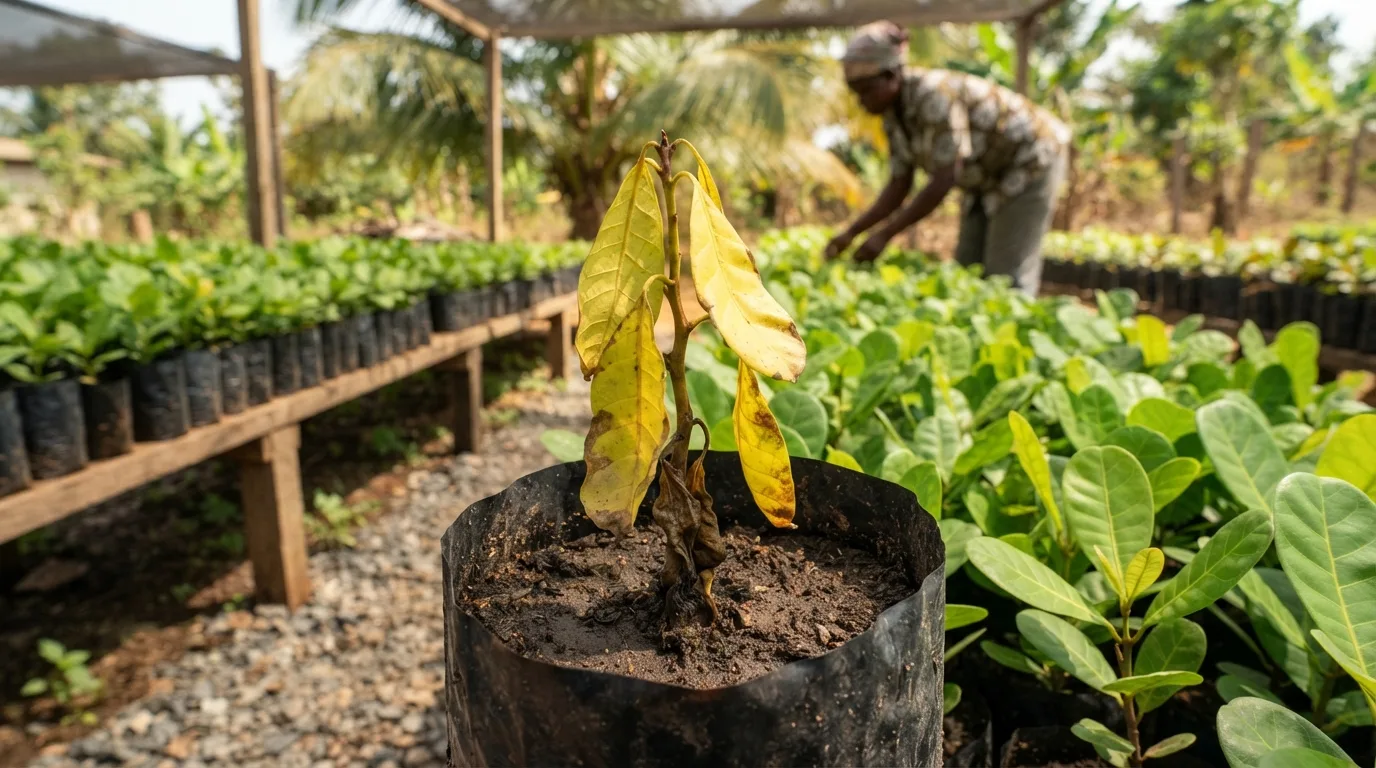 A wilting cashew sapling with yellowing foliage from Fusarium wilt