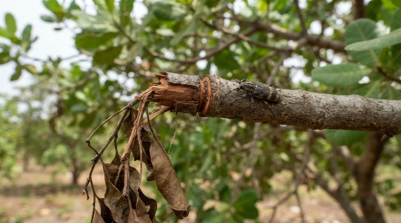 A cashew branch girdled and snapped by the girdler beetle