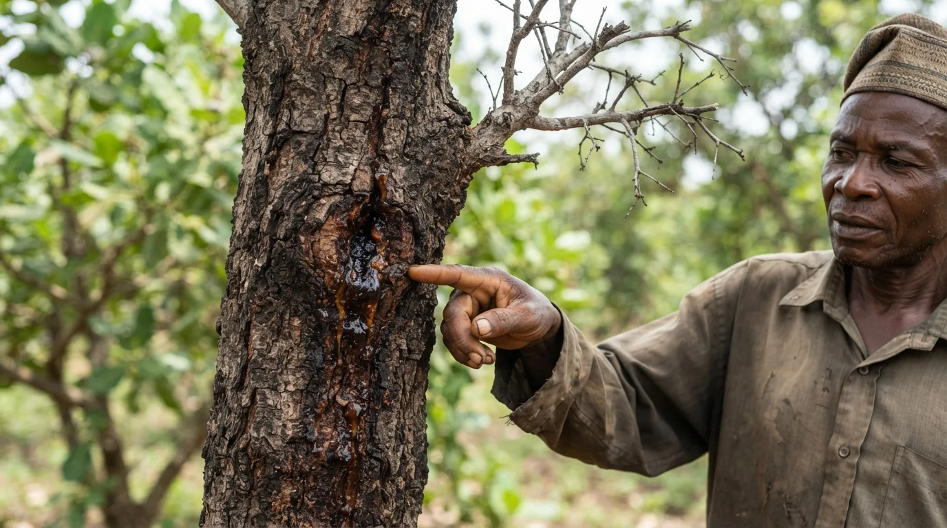 Gum oozing from a cankered cashew trunk with dying branches above