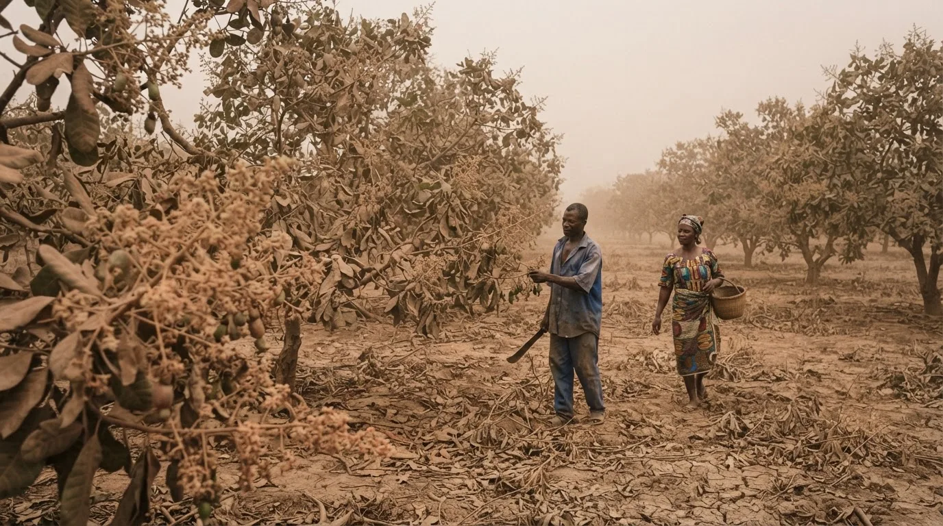 A cashew orchard under a dusty harmattan haze with flowers drying on the branch