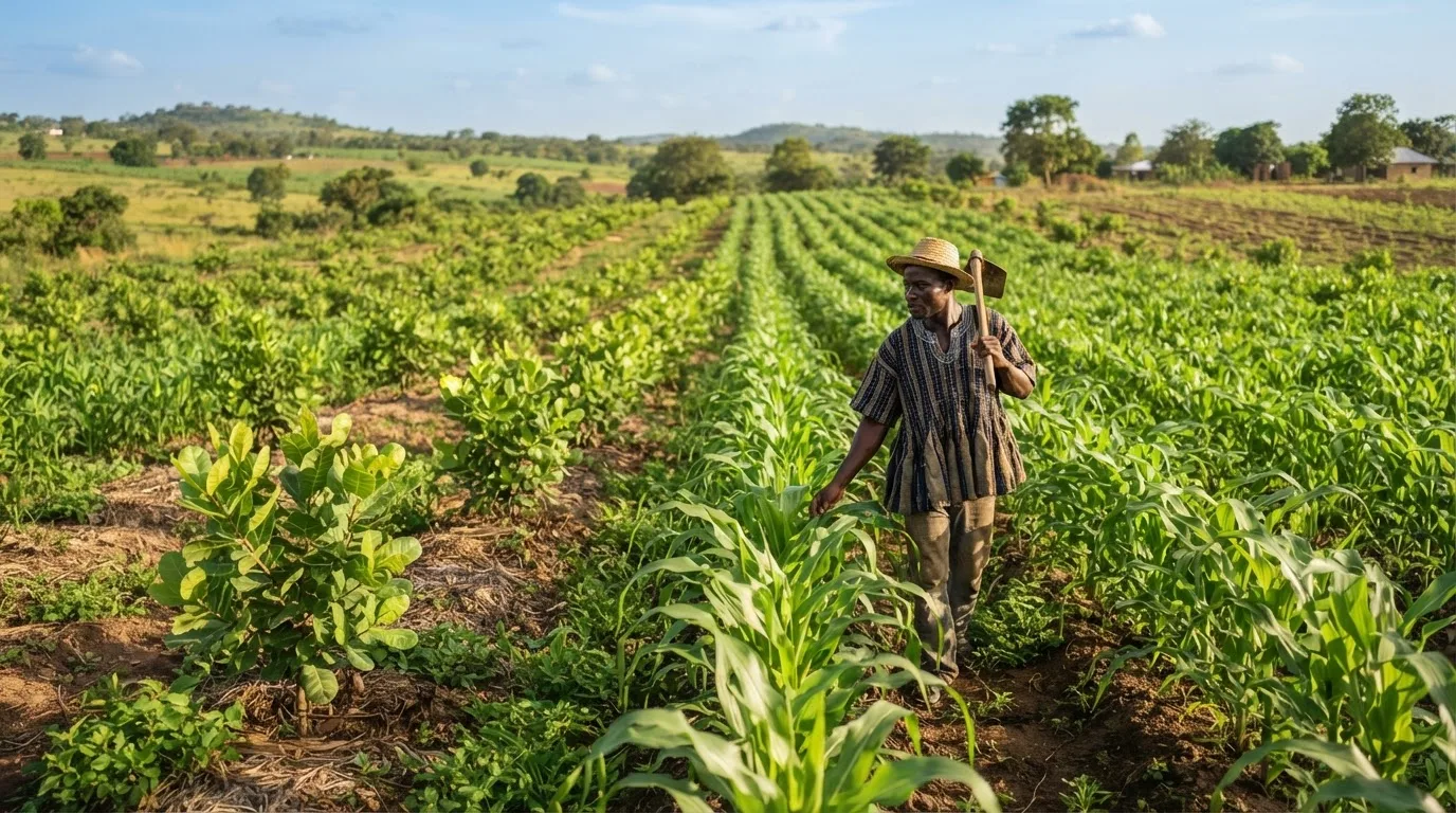 A young cashew orchard with no intercrop and no bridging income, under-managed in its gestation years
