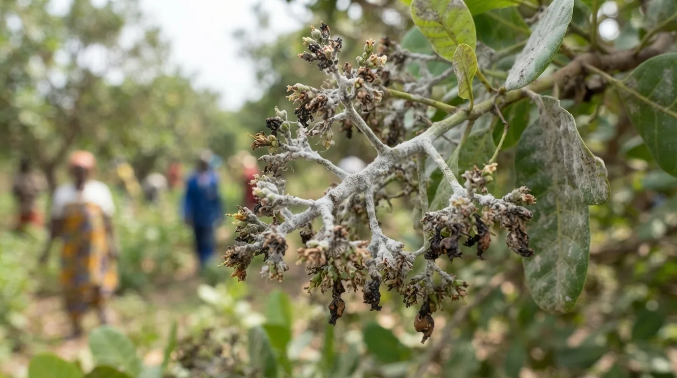 White powdery mildew coating a cashew flower panicle