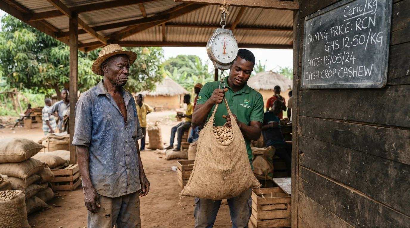 Bags of raw cashew nuts stacked for export, the roughly nine in ten that leave Ghana unshelled at the raw price