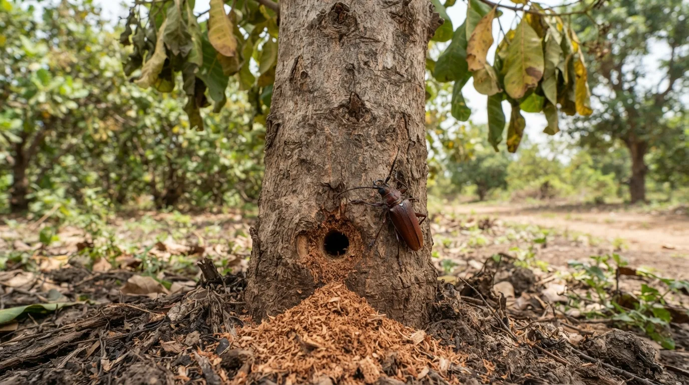 A cashew trunk bored by beetle grubs with frass collecting at the base