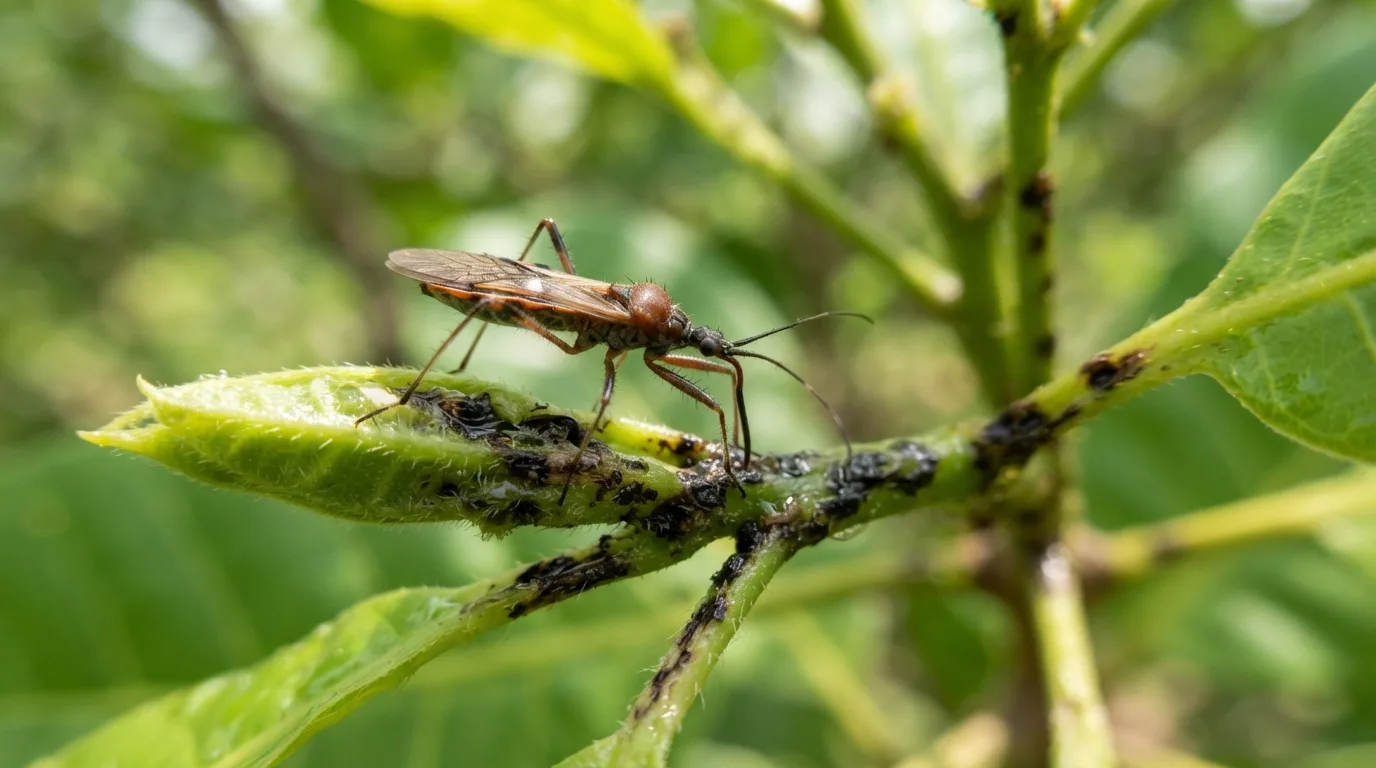 A tea mosquito bug feeding on a cashew shoot with dark feeding lesions