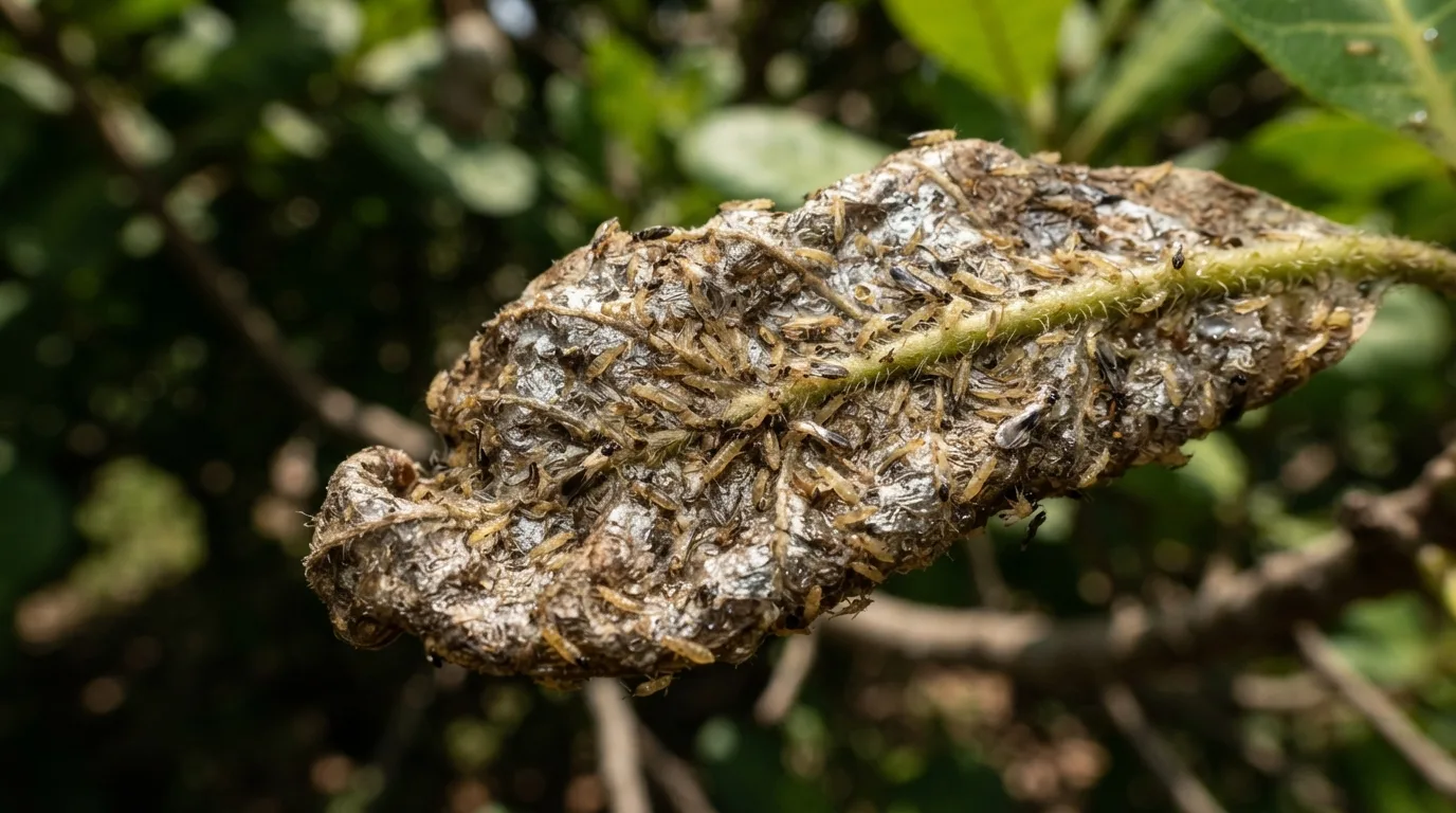 Thrips scarring on the surface of developing cashew nuts and leaves