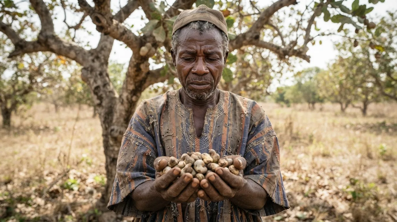 A farmer holding a handful of small, variable cashew nuts from old unimproved seedling trees
