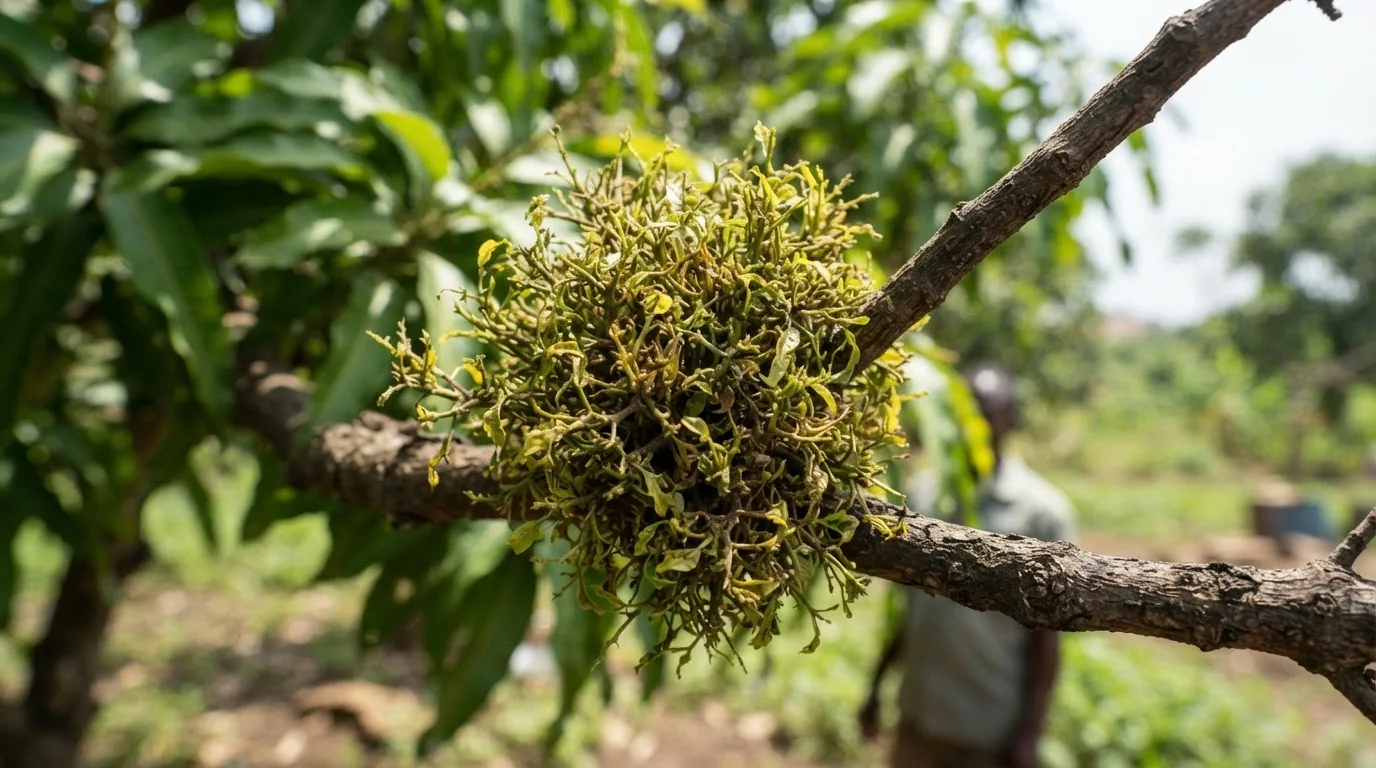 A dense broom-like proliferation of shoots on a tree branch