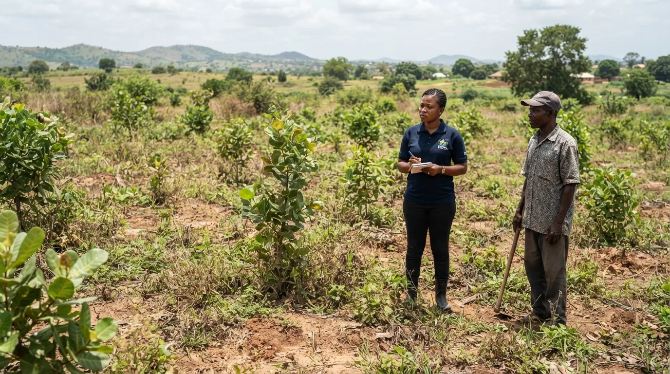 A gappy old-rule cashew orchard with wide spacing, weeds between the trees and low output