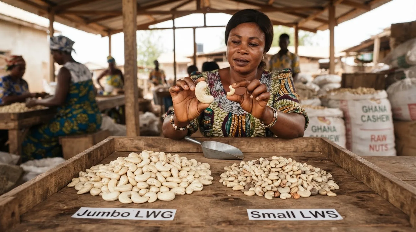 Cashew nuts of very different sizes side by side, a jumbo clone against a high-outturn clone