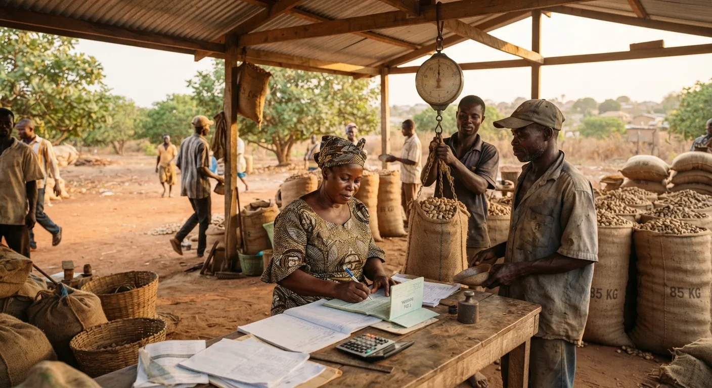 A Ghanaian cashew farmer cooperative gathered at a village aggregation shed weighing and bagging graded raw nuts, a woman lead farmer recording weights in a passbook, jute sacks stacked behind, warm afternoon light