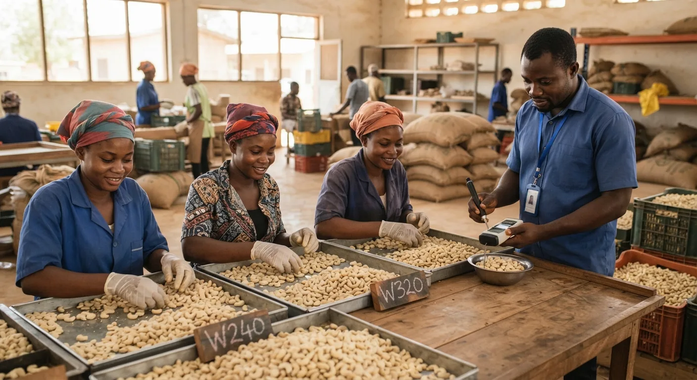 Young Ghanaian workers at a cashew grading and quality-control table sorting kernels into W240 and W320 grades, a supervisor checking outturn with a moisture meter, bright warehouse light