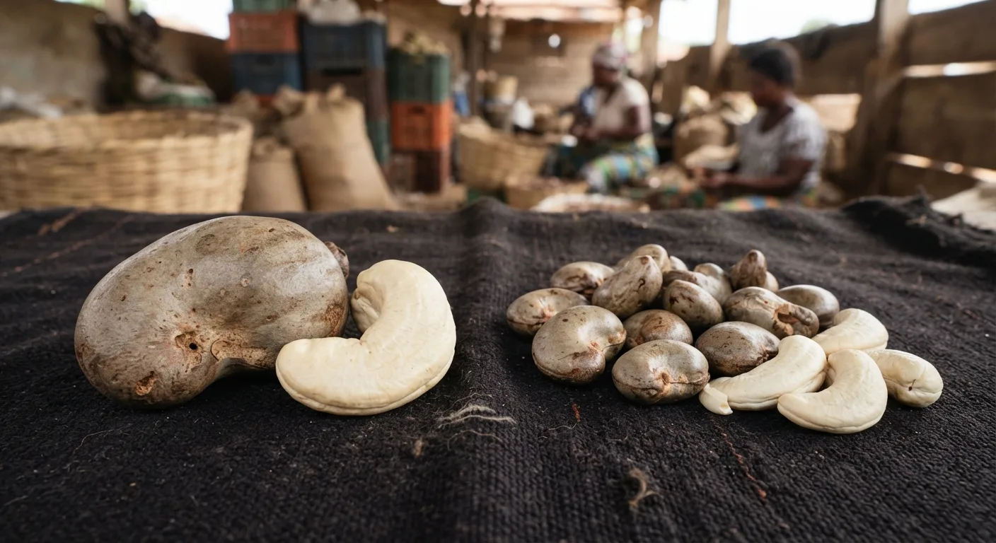Cashew nuts and kernels of very different sizes laid side by side on a dark cloth, a large jumbo A2-type nut and its plump kernel beside a cluster of smaller high-outturn nuts, close macro detail, studio-style daylight, documentary photography, natural light, warm earthy tones, no text, no watermark