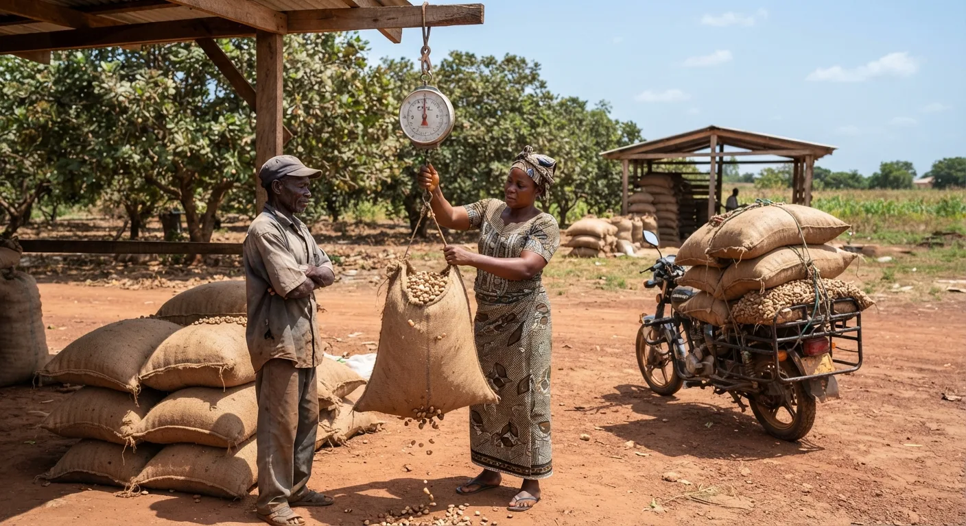 A woman buying agent weighing a sack of raw cashew nuts on a hanging scale at a rural farm gate in the Bono region of Ghana, a smallholder farmer waiting beside stacked jute bags, a motorbike loaded with sacks behind, cashew trees and red laterite ground under a bright midday sky, documentary photograph, warm earthy tones, natural light, no text, no watermark