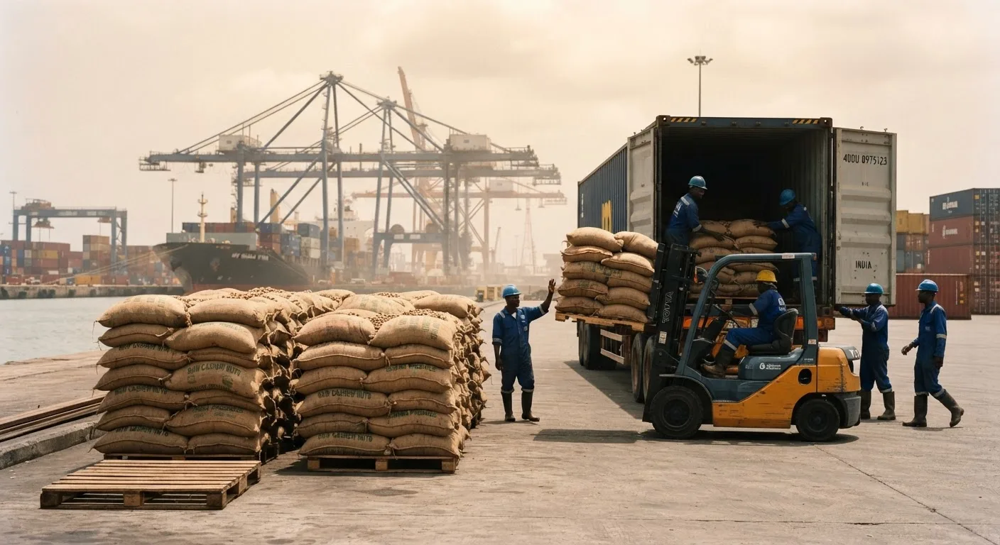 Stacks of jute sacks of raw cashew nuts on wooden pallets at Tema port in Ghana, a forklift loading a shipping container bound for India, dockworkers in overalls, a gantry crane and containers in the background under a hazy coastal sky, documentary photograph, industrial warm tones, natural light, no text, no watermark
