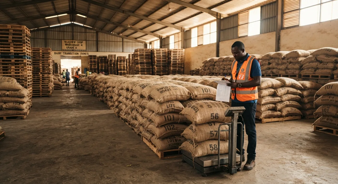 The interior of a graded-commodity warehouse in Ghana, neat rows of numbered jute sacks of raw cashew nuts stacked on wooden pallets, a warehouse clerk in a hi-vis vest checking a warehouse-receipt clipboard beside a floor scale, shafts of daylight from high windows, documentary photograph, clean muted palette, natural light, no text, no watermark