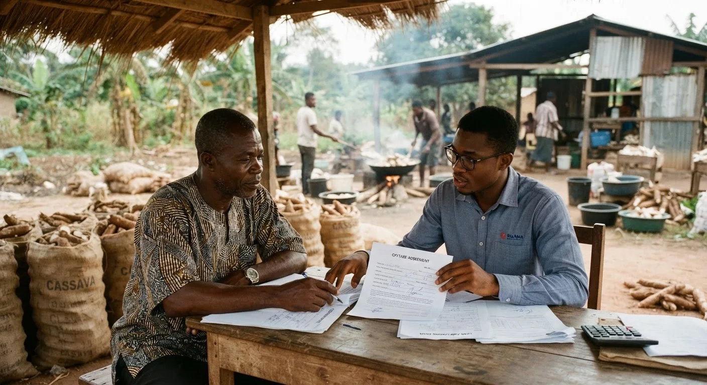 A Ghanaian cassava aggregator and a bank officer reviewing an offtake contract and loan documents at a desk, sacks of cassava and a processing shed visible behind, documentary photograph