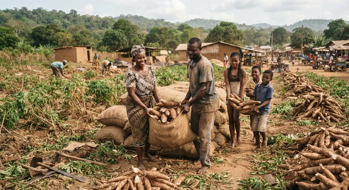 A Ghanaian farming family working together to lift and stack cassava roots in a field at harvest, no hired crew, documentary photograph